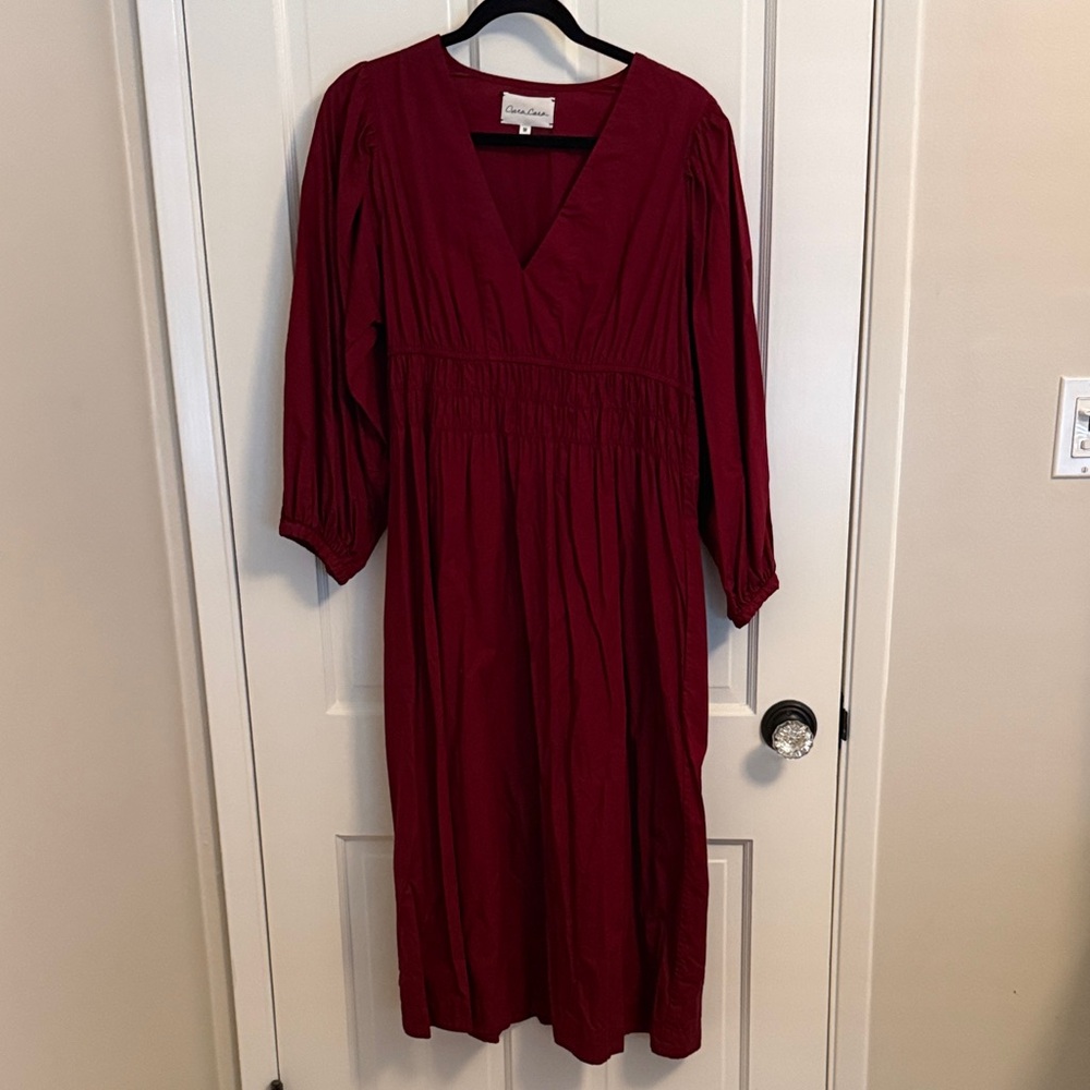 Cara Cara Burgundy Long Sleeve elastic waist Dress with pockets